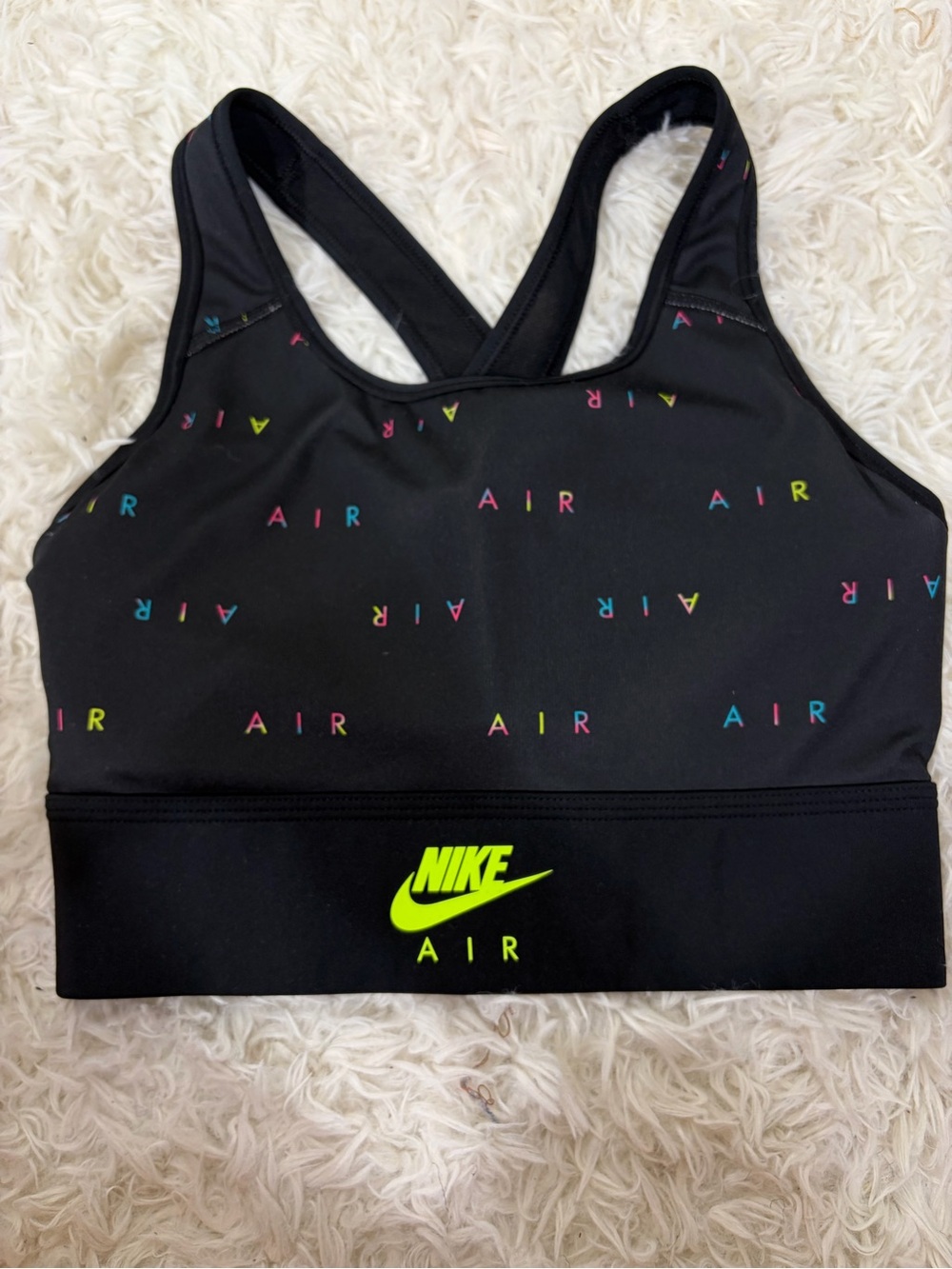 Nike Black Swim Bikini Top with Neon Yellow Logo and Multicolor AIR Print